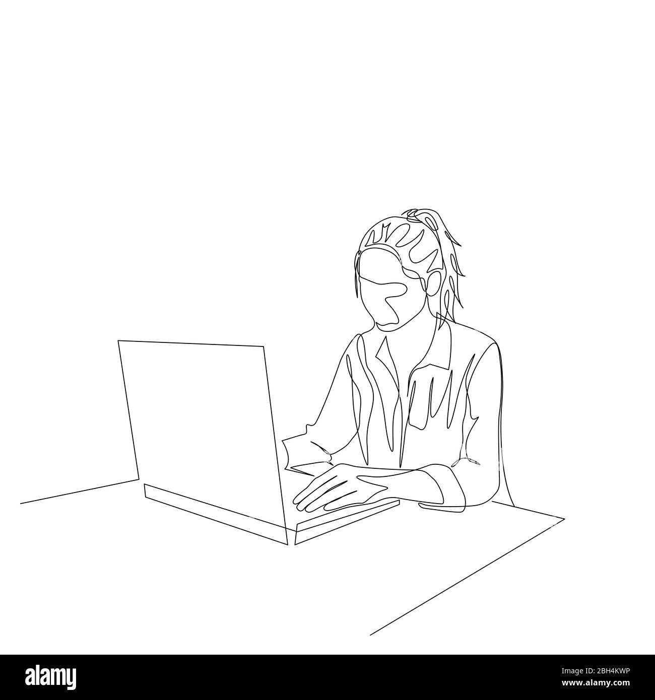 Una donna continua a lavorare con un notebook di aiuto al tavolo. Vettore Illustrazione Vettoriale