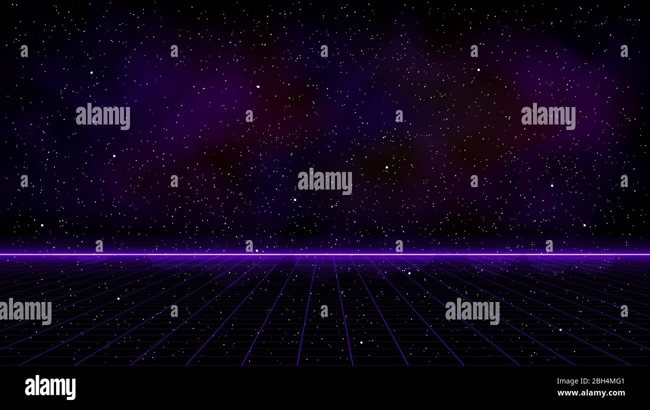 Griglia di prospettiva laser viola a onde corte con linea dell'orizzonte luminosa e nebulosa spaziale su sfondo stellato. Illustrazione retrofuturistica del panorama informatico Illustrazione Vettoriale