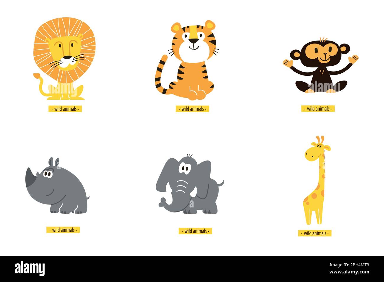 Set di vettori animali. Fumetto scimmia, giraffa, leone, ippopotamo, elefante, tigre. Illustrazione Vettoriale