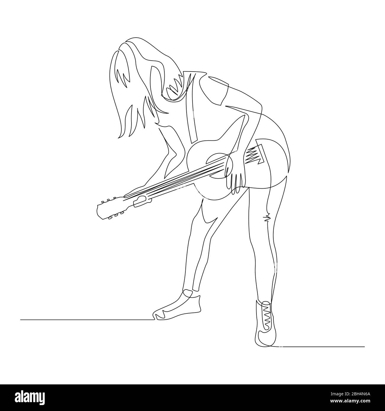 Donna continua ad una linea che suona la chitarra appoggiata in avanti. Illustrazione vettoriale. Illustrazione Vettoriale