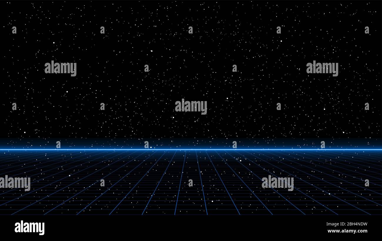 Griglia di prospettiva laser blu a onde corte con linea di orizzonte luminosa su sfondo stellato. Retrofuturistica cyber paesaggio illustrazione nello stile Illustrazione Vettoriale