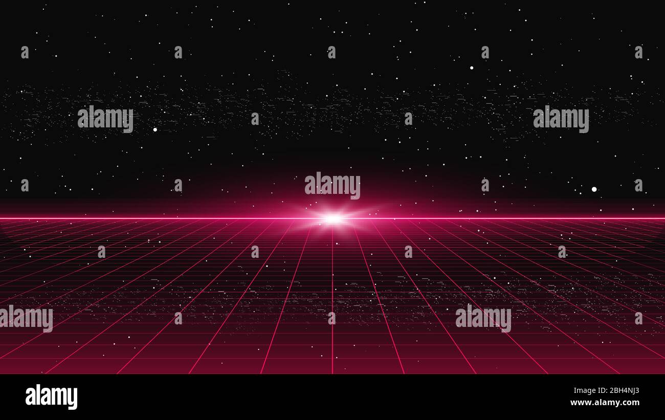 Griglia in prospettiva laser rossa stile Retrowave con luce flash all'orizzonte sullo sfondo dello spazio stellato. Panorama del cyber laser retrofuturistico. Illustrazione Vettoriale