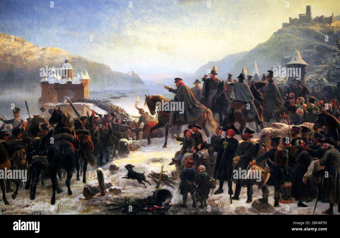 Blucher e la prima Armata di Slesia che attraversa il Reno vicino a Kaub il 1 gennaio 1814 - Wilhelm Camphausen 1859 Foto Stock