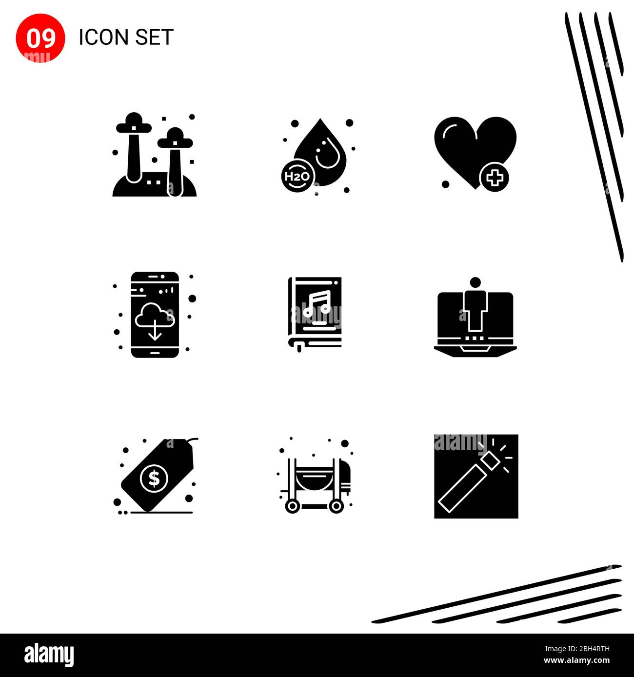 9 Universal Solid Glyph Signs simboli di musica, libro, medico, album, app scarica Editable Vector Design Elements Illustrazione Vettoriale