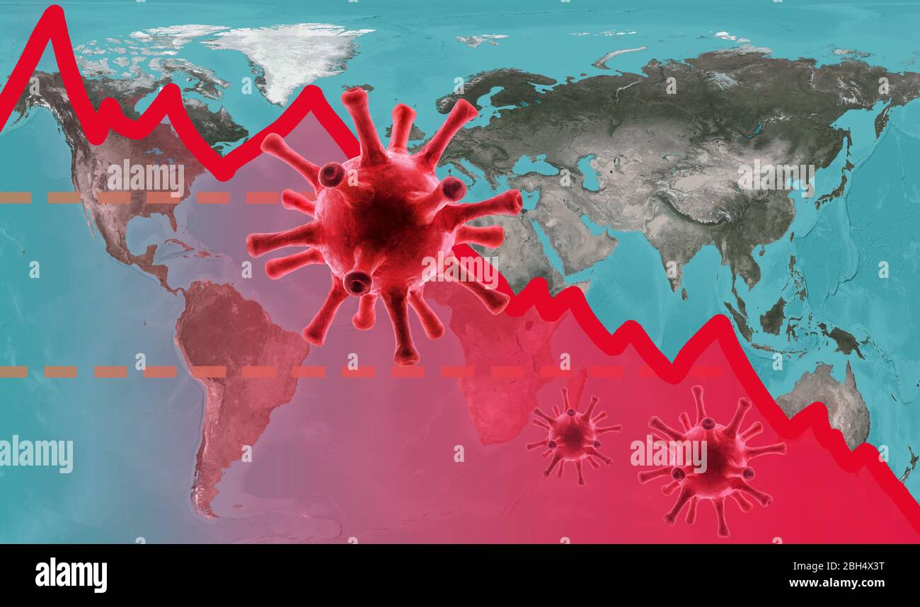 Coronavirus impatto per il business, grafico del crollo del mercato azionario su mappa globale. L'economia mondiale colpisce per l'epidemia di virus corona. Crisi finanziaria dovuta al COVID Foto Stock