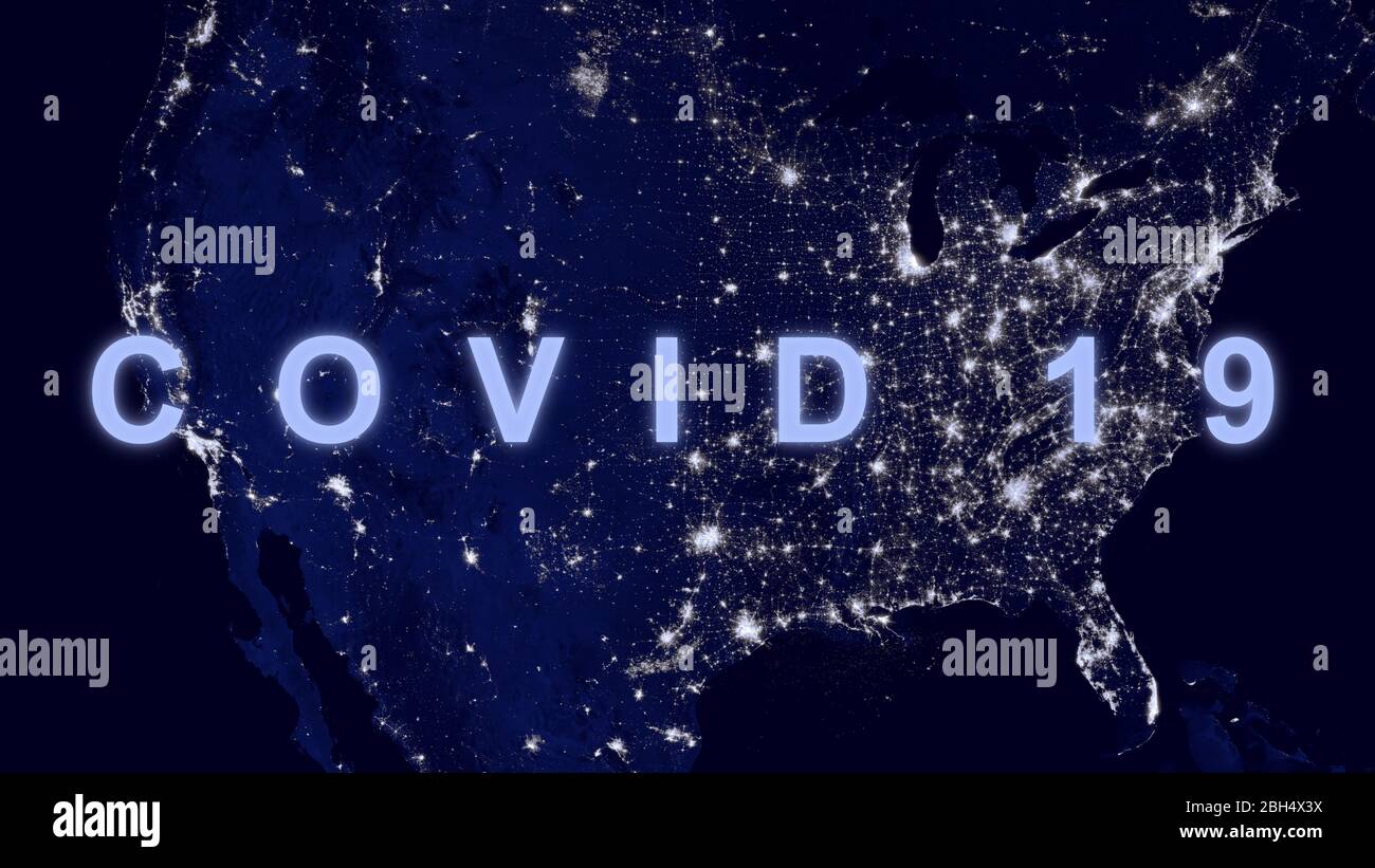 COVID-19 coronavirus negli Stati Uniti, nome COVID sulla mappa dell'America. Economia mondiale colpita da epidemia di corona negli Stati Uniti e pandemia. Crisi globale e business d Foto Stock
