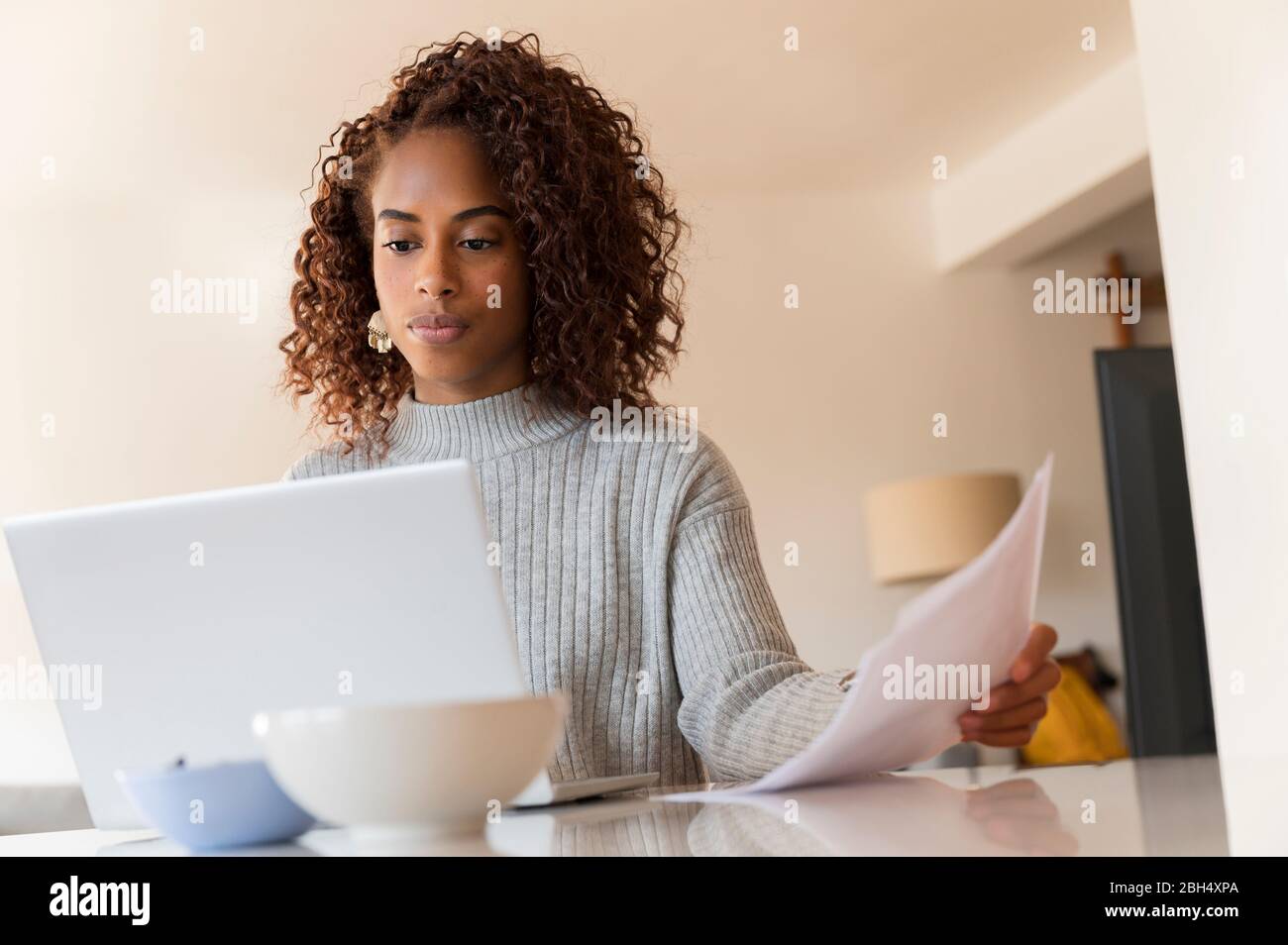 Donna al lavoro su portatile a casa Foto Stock