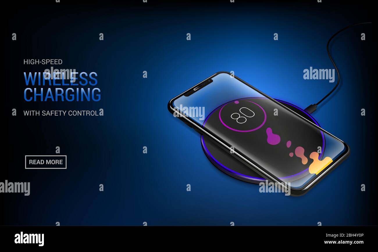 Batteria trasparente realistica per smartphone con base di ricarica, tecnologia di ricarica wireless su sfondo blu scuro. Illustrazione Vettoriale