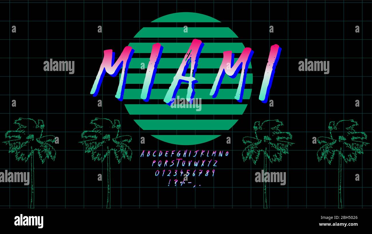 Carattere Retrowave in stile anni '80. Caratteri verdi rosa, numeri, simboli su sfondo scuro con griglia laser e davanzali. EPS 10 Illustrazione Vettoriale