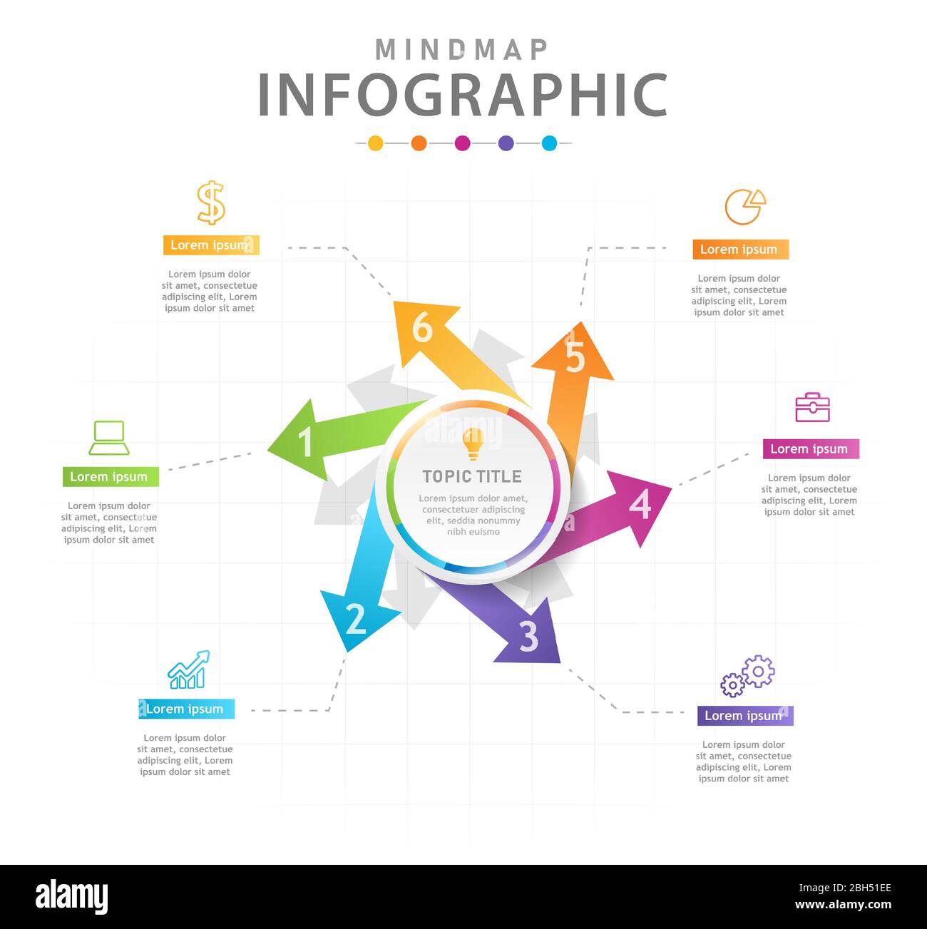 Modello infografico per le aziende. 6 passi moderno diagramma di mappa mentale con frecce, infografica vettoriale presentazione. Illustrazione Vettoriale