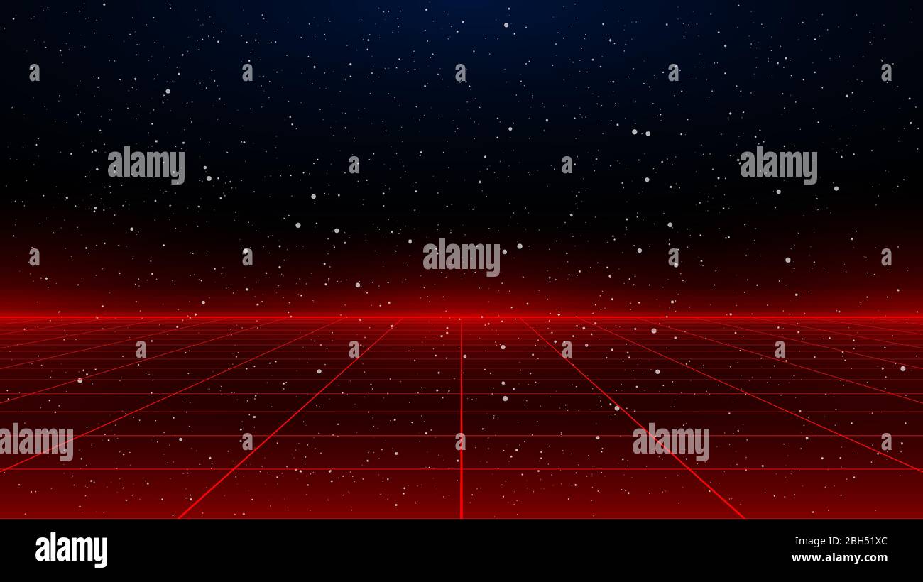 Newretrowave sci-fi rosso laser prospettiva sfondo griglia in uno spazio stellato. Panorama del cyber laser retrofuturistico. Illustrazione Vettoriale