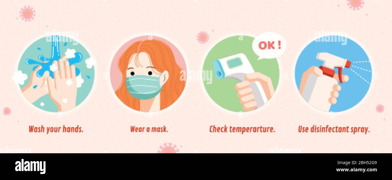 Quattro semplici modi per prevenire il coronavirus, tra cui lavare le mani, indossare una maschera, controllare la temperatura e utilizzare disinfettante spray, COVID-19 prevenzione flat illu Illustrazione Vettoriale