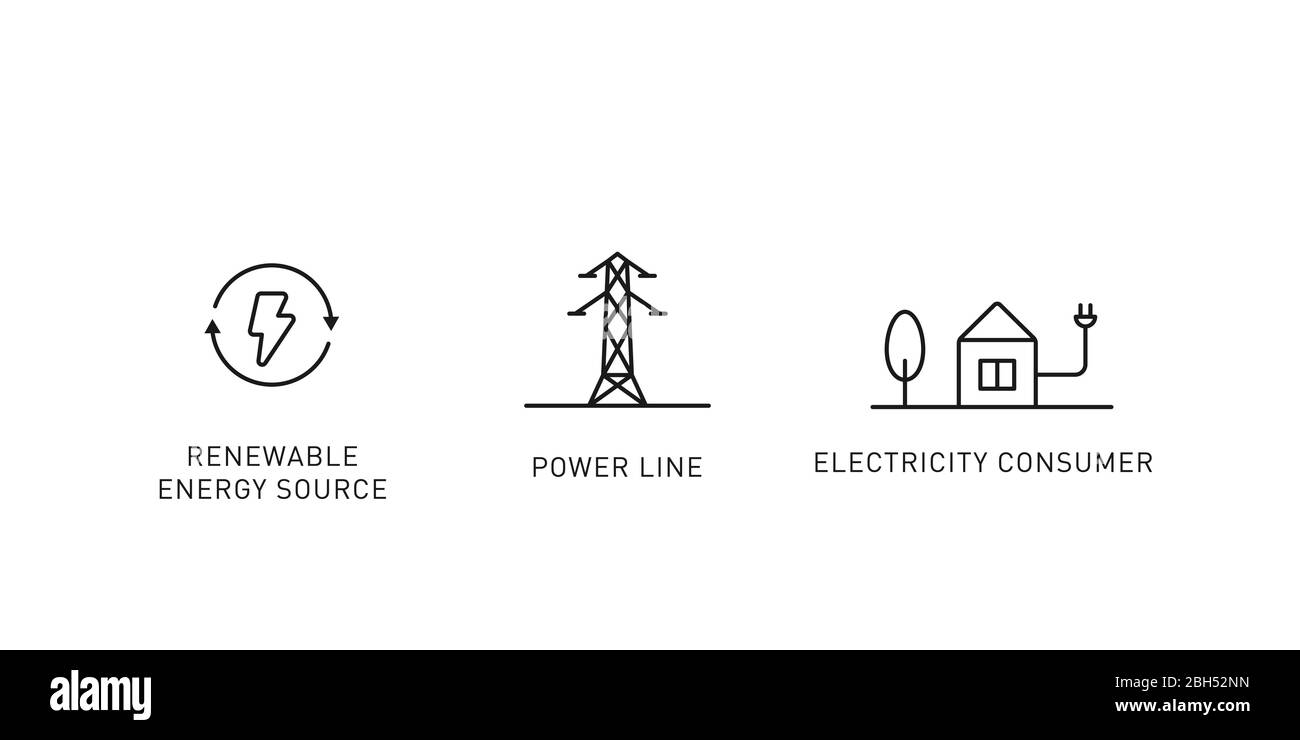 Sequenza da fonti di energia rinnovabili a icona a linea sottile consumer. Elemento di progettazione per le energie rinnovabili, la tecnologia verde. Illustrazione vettoriale. Illustrazione Vettoriale