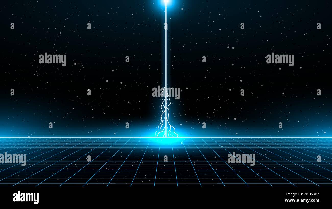 Griglia di prospettiva laser blu brillante Retrowave sci-fi con fulmini dall'alto all'orizzonte sullo sfondo dello spazio stellato. Cyber retrofuturistico Illustrazione Vettoriale