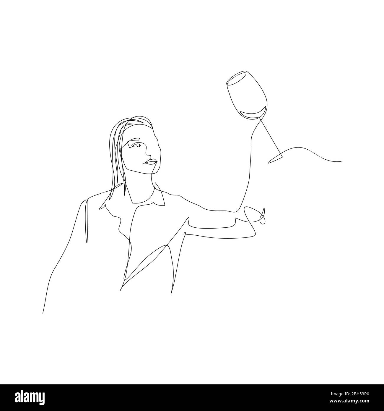 Donna continua una linea valuta il vino in un bicchiere per colore. Degustazione, degustazione. Vettore Illustrazione Vettoriale