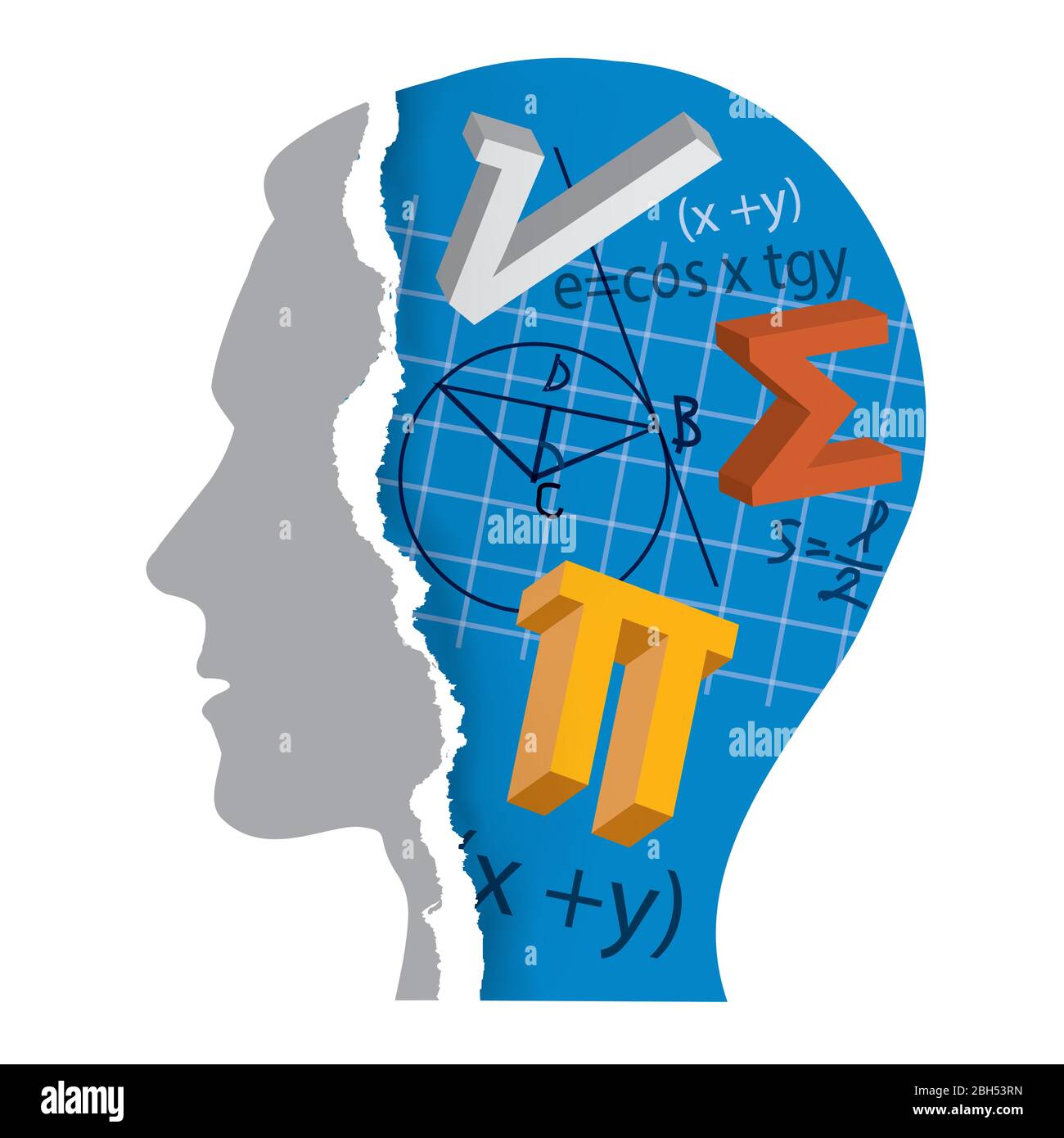 Studente di matematica, concetto di educazione. Carta strappata stilizzata testa maschile con simboli matematici e note. Vettore disponibile. Illustrazione Vettoriale