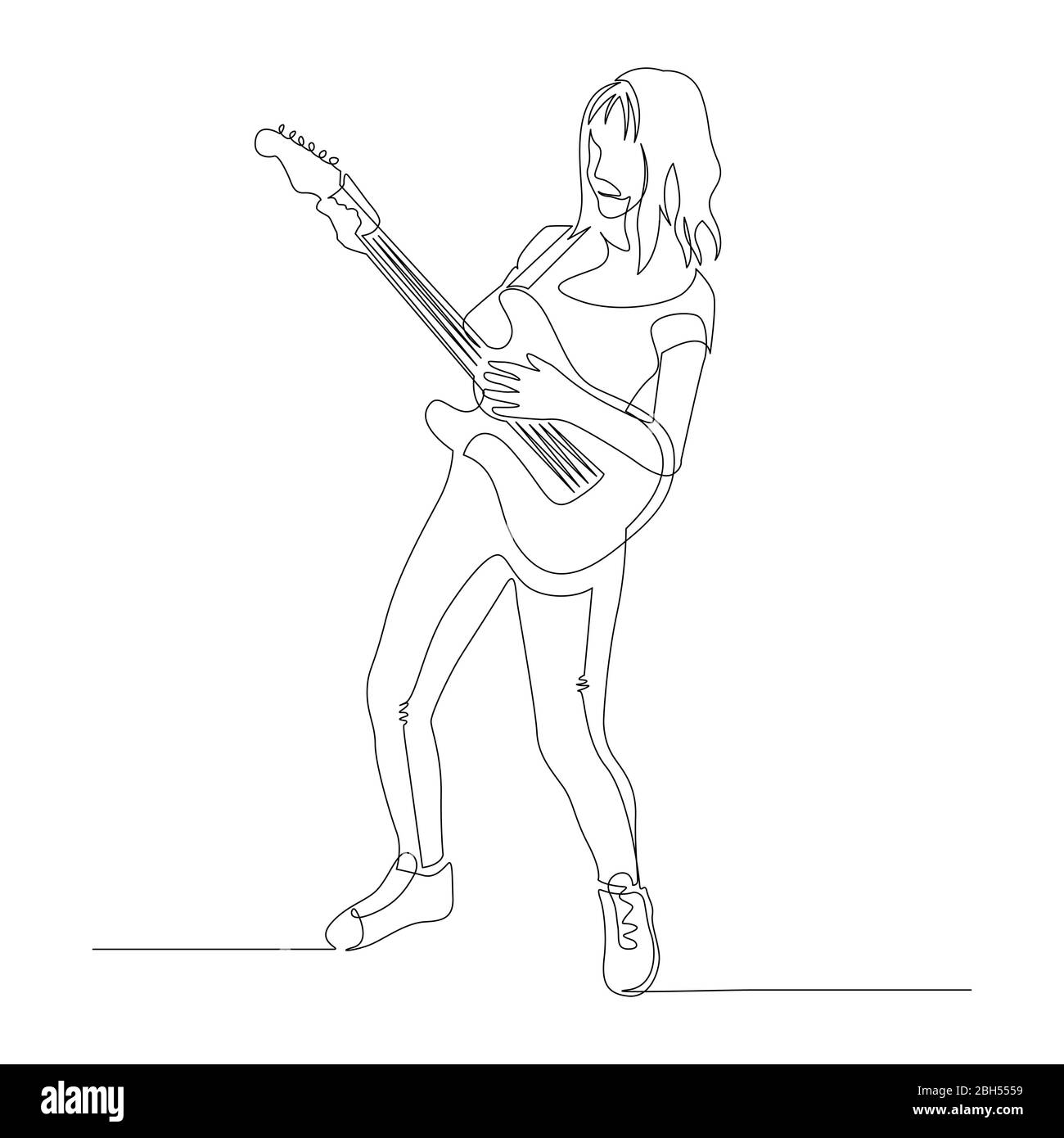 Continua una linea donna suona la chitarra in modo espressivo. Illustrazione vettoriale. Illustrazione Vettoriale