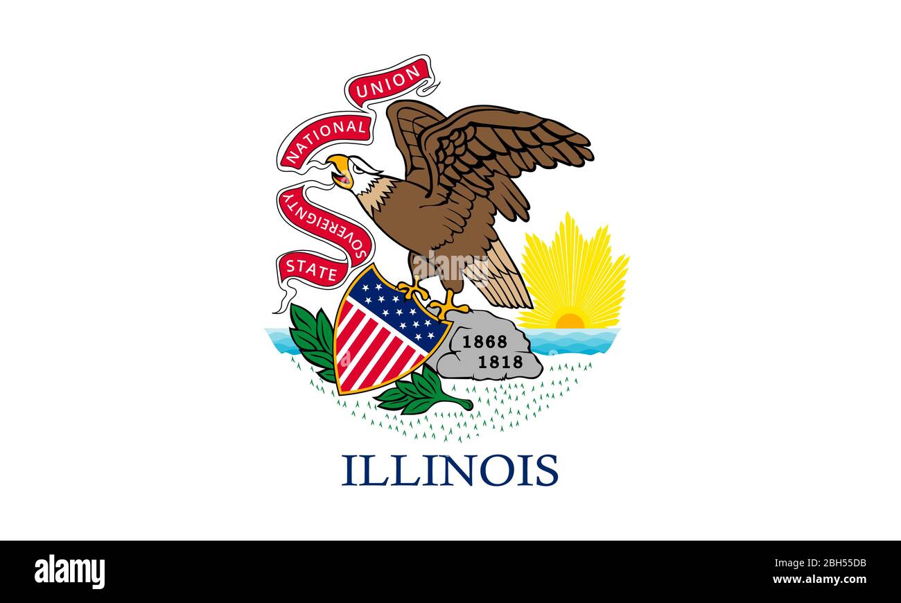 Bandiera dello stato dell'Illinois, illustrazione vettoriale. Stemma dello stato dell'Illinois su sfondo bianco, illustrazione disegnata a mano di alta qualità. Illustrazione Vettoriale