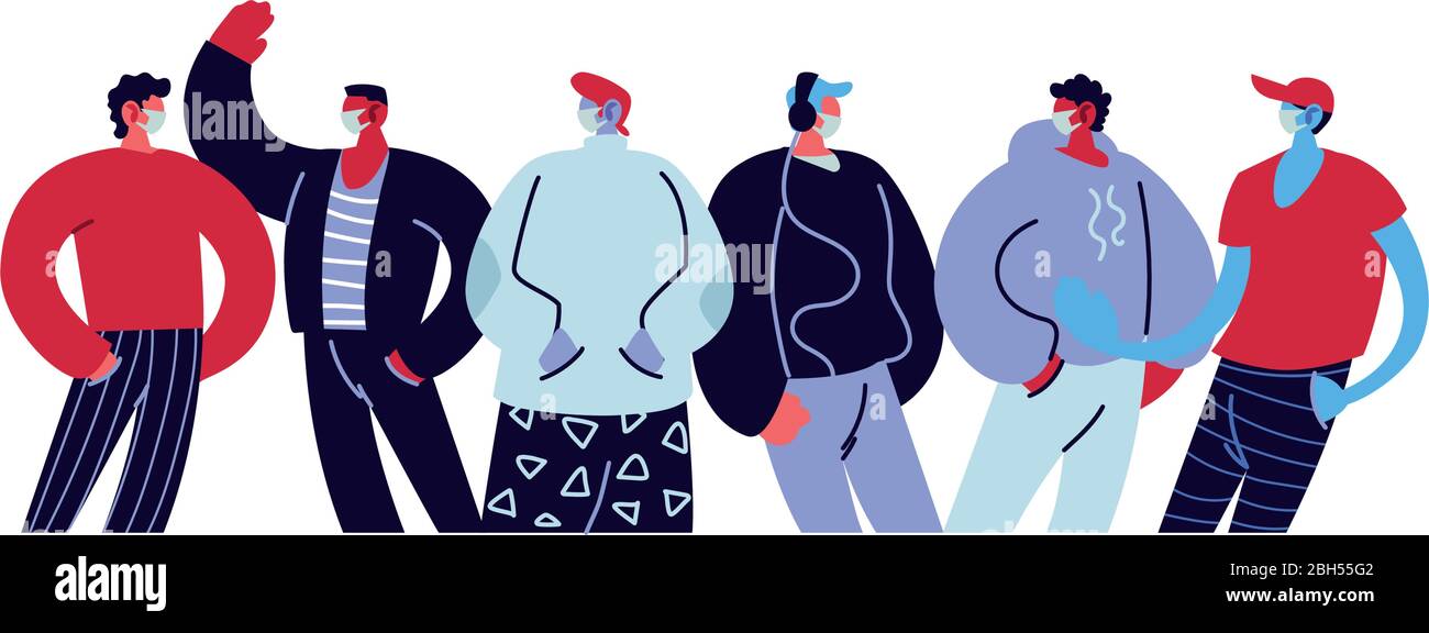 giovani uomini che usano maschere facciali disegno di illustrazione vettoriale Illustrazione Vettoriale