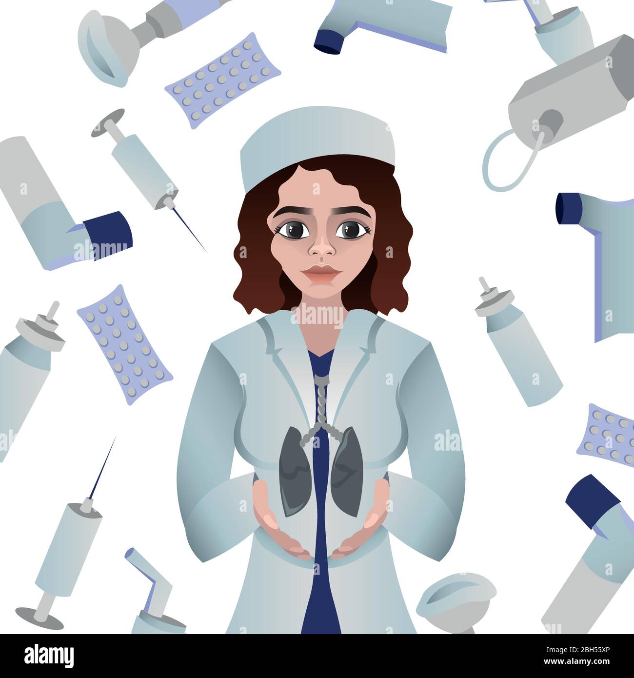 Medico circondato da farmaci. Malattie delle vie respiratorie. Polmonite, tubercolosi, coronavirus e asma. Influenza, ostruzione bronchiale e cancro. Illustrazione Vettoriale