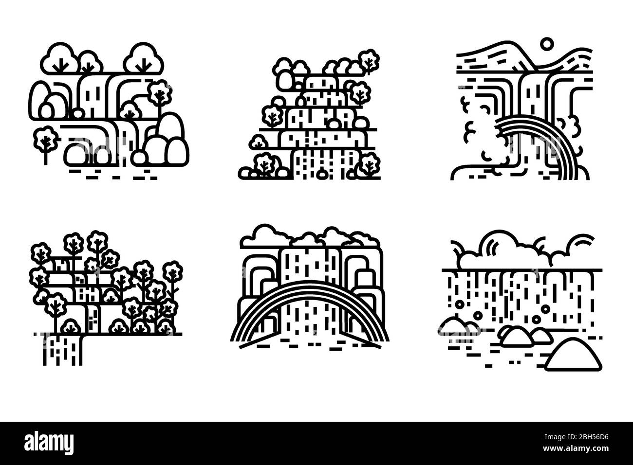 Set di vettori per l'illustrazione delle cascate. Disegno e tratto di linea singolo. Modificabile. Illustrazione Vettoriale