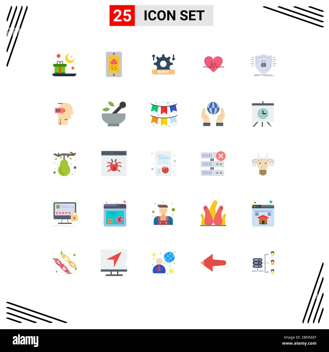 Confezione a colori piatta da 25 simboli universali di firewall, polso, Internet, heartbeat, elementi di progettazione vettoriale modificabili per ecg Illustrazione Vettoriale