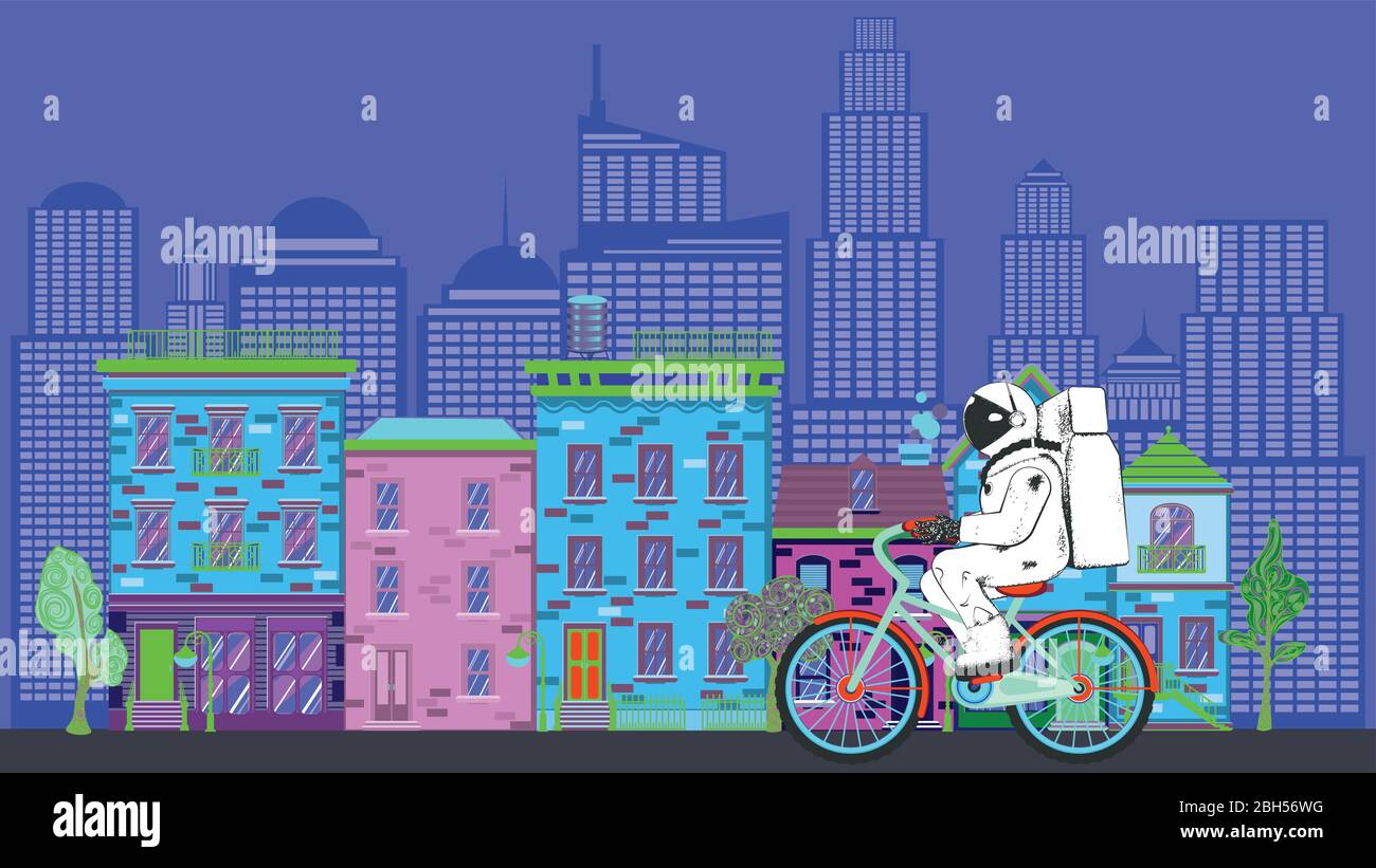 Cartoon astronauta in bicicletta nel design della città. Illustrazione Vettoriale