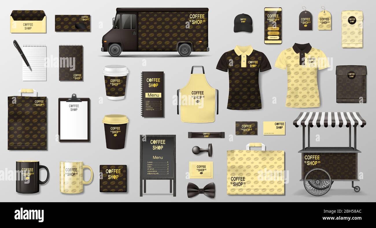 Set di branding per caffetteria e caffetteria. Design realistico del modello di identità aziendale del caffè. Camion per alimenti, uniforme, busta, tazza, pacco di carta, mockup menu Illustrazione Vettoriale