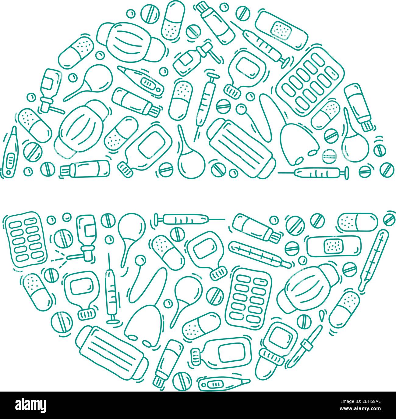 Dodle di farmacia di monolina disegnata a mano impostato sfondo nel vettore. Raccolta di elementi di design con spazio per il testo Illustrazione Vettoriale