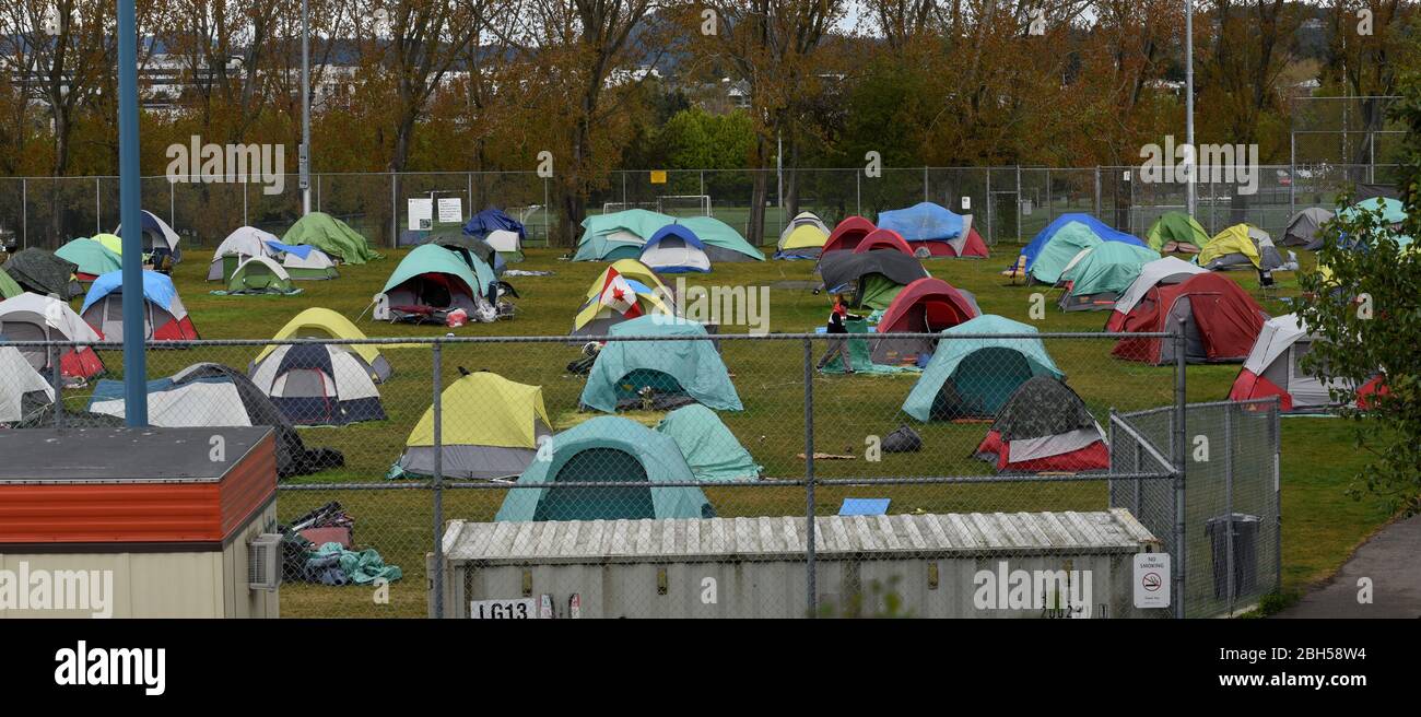 Le tende sono distanziate di sei piedi in una città ufficiale senza tetto accampamento tenda nel parco di Topaz a Victoria, British Columbia, Canada il giovedì 23 aprile Foto Stock