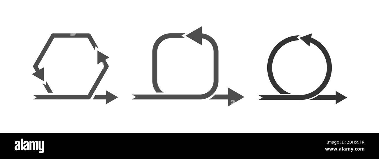 Icona freccia vettore, movimento lungo il contorno di una forma geometrica. Semplice design a stock isolato su sfondo bianco Illustrazione Vettoriale