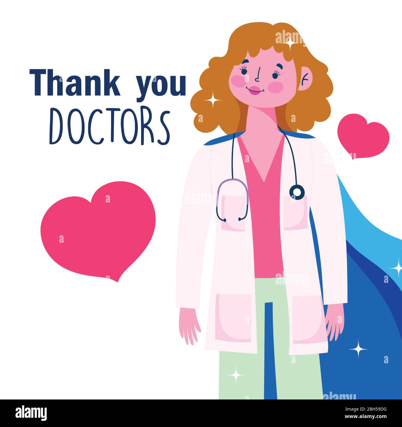 grazie medici, medico femminile con carattere cape, amore cuori illustrazione vettoriale Illustrazione Vettoriale