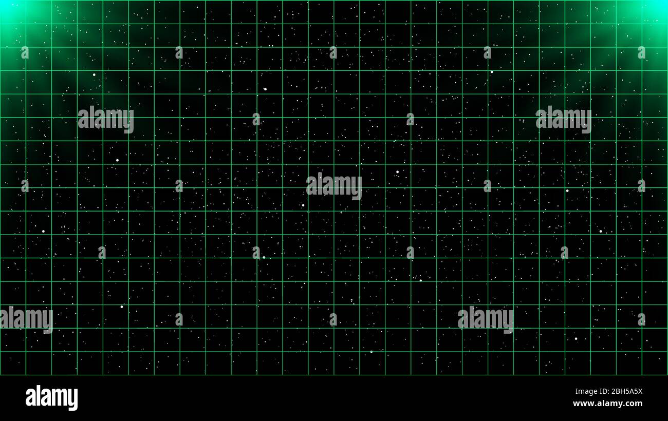 Griglia laser verde a onde corte su sfondo stellato con due sorgenti luminose in alto. Illustrazione Vettoriale