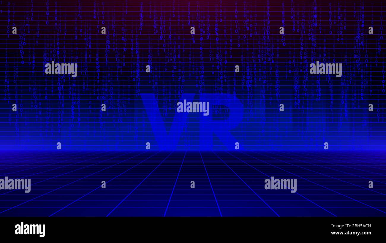 Griglia prospettica laser blu fantascienturistica retrofuturistica con parete di codice binario all'orizzonte. Illustrazione Vettoriale
