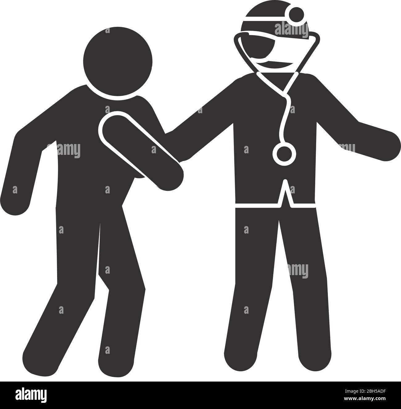 Covid 19 prevenzione concetto, pittogramma medico uomo aiutando un uomo su sfondo bianco, silhouette stile, illustrazione vettoriale Illustrazione Vettoriale