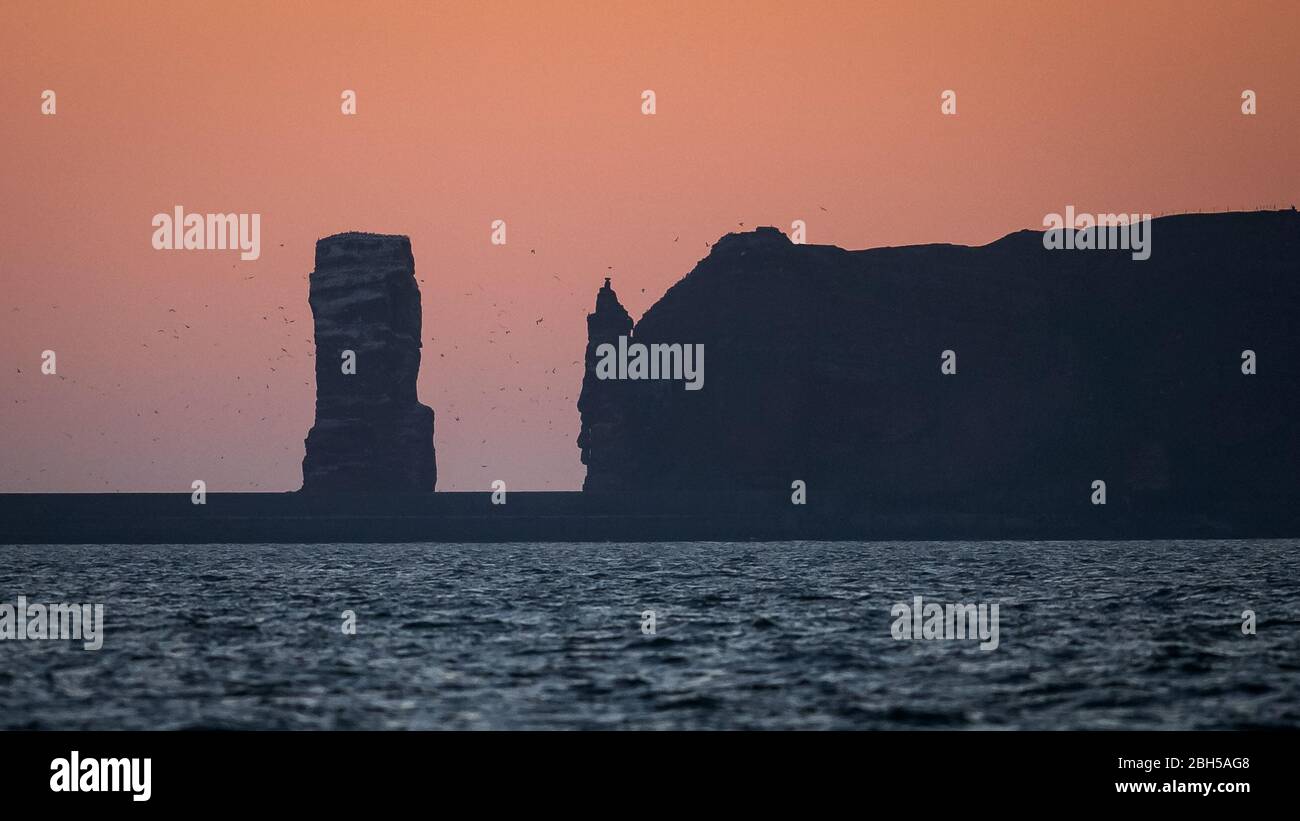 23 aprile 2020, Schleswig-Holstein, Helgoland: Il sole sorge dietro le scogliere di Helgoland. Il segnale di partenza per un grande campo di test marittimo al largo di Helgoland: Gli scienziati del Centro di test per le tecnologie marittime hanno utilizzato tonnellate per contrassegnare un'area di tre milioni di metri quadrati non lontano dall'isola del Mare del Nord. Esso è destinato a fornire in futuro impianti di prova per la robotica marittima. Produttori e scienziati possono testare diversi scenari. Ad esempio, i veicoli subacquei autonomi per turbine eoliche offshore possono essere testati in condizioni reali in mare o in droni in volo Foto Stock