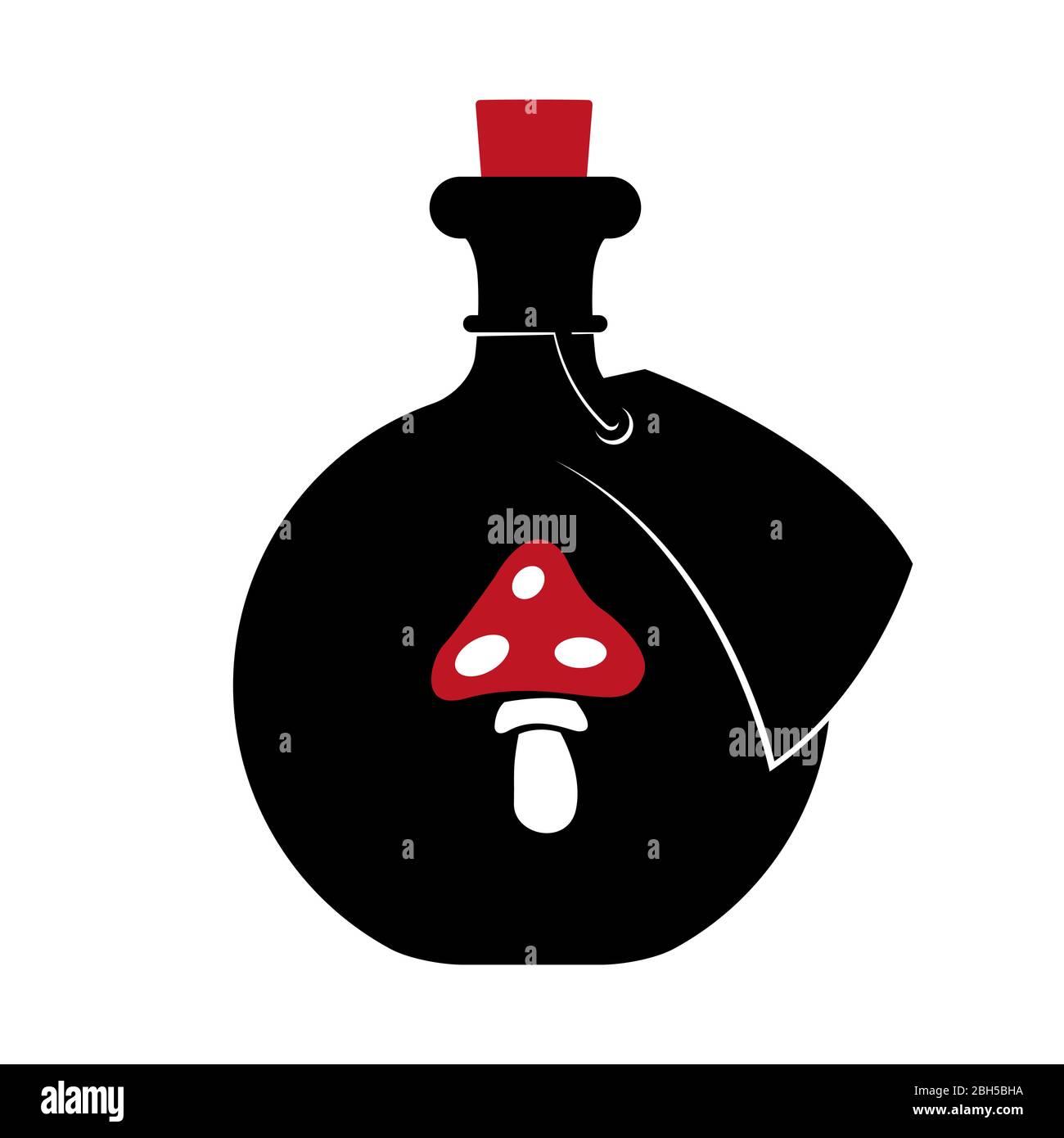 Icona di una bottiglia nera con amanita rossa su sfondo bianco. Oggetto isolato. Elisir magico di amore o veleno. Illustrazione Vettoriale
