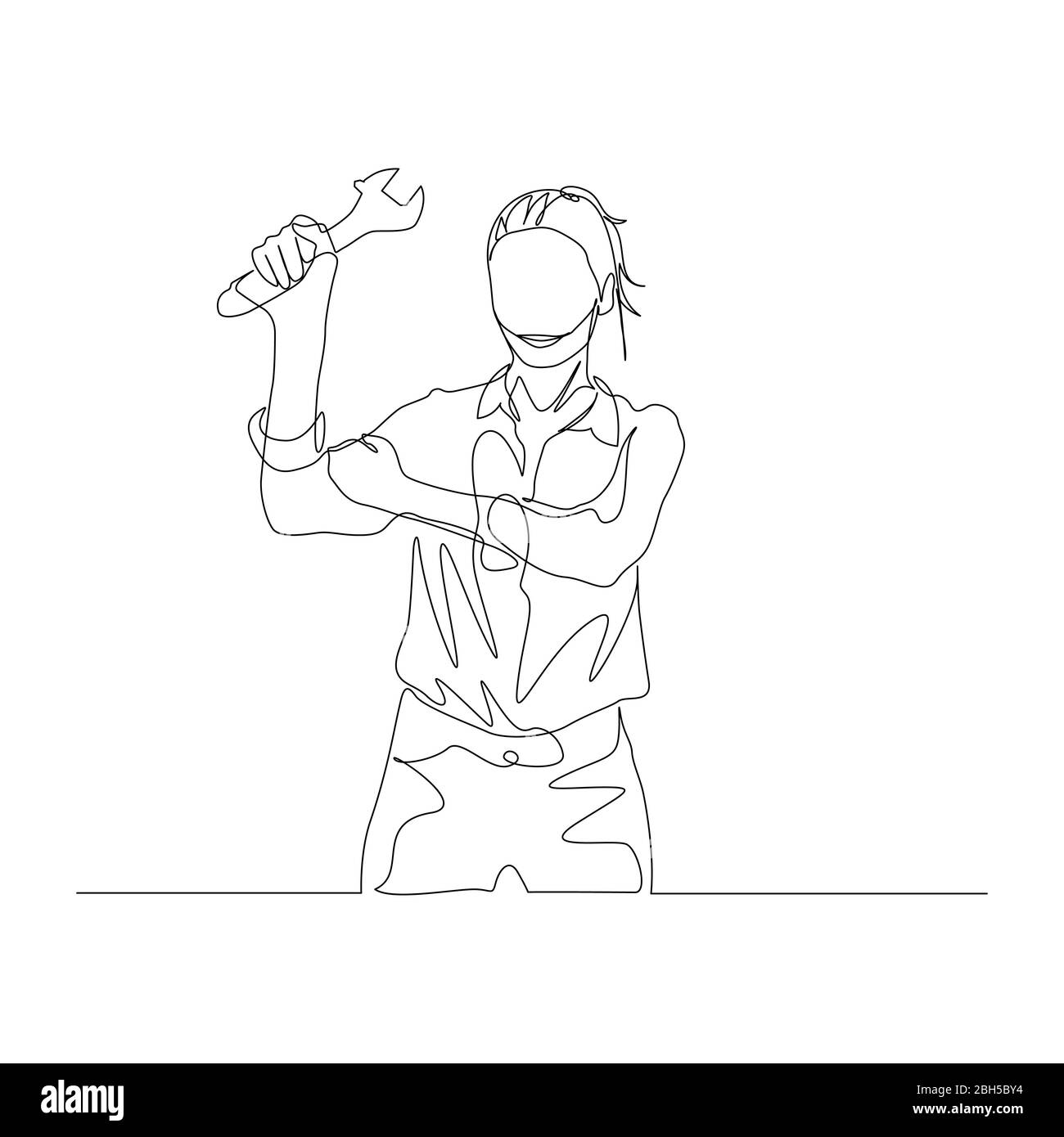 La donna continua ad una linea tiene la chiave in mano sollevata. Vettore Illustrazione Vettoriale