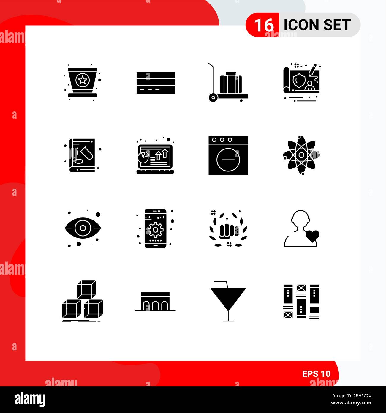 Pacchetto interfaccia utente di 16 glifi solidi di base di chimica, libro, interfaccia, gdpr, elementi di progettazione vettoriale modificabili per controller Illustrazione Vettoriale