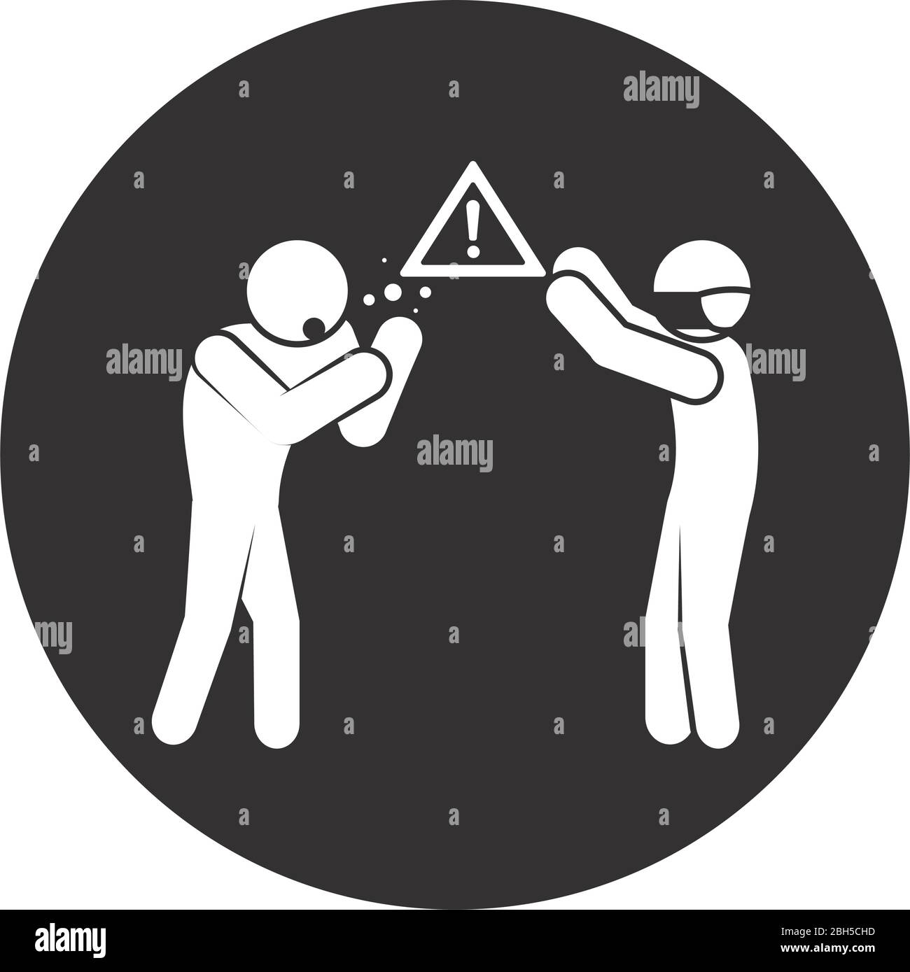 Covid 19 prevenzione concetto, pittogramma uomo che si protegge di altri uomini tosse su sfondo bianco, stile di blocco, illustrazione vettoriale Illustrazione Vettoriale