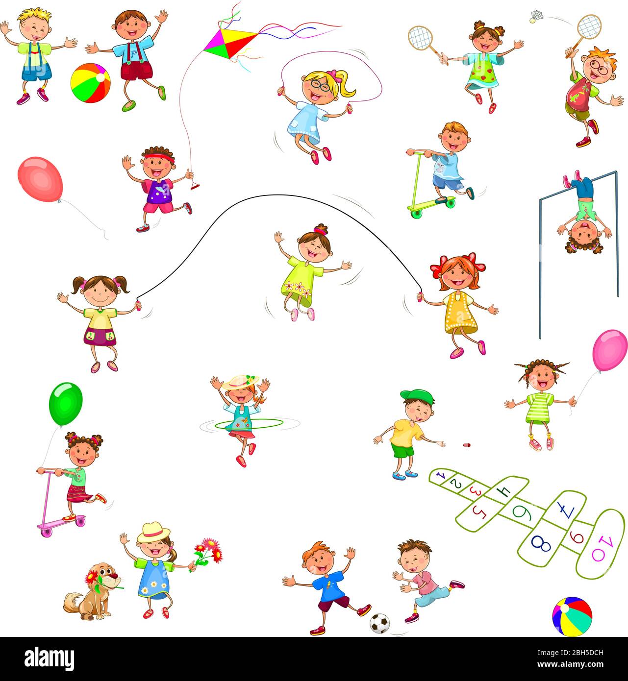 Bambini gioiosi a piedi. I bambini allegri e sorridenti giocano a vari giochi. Gruppo di bambini felici e sorridenti. Illustrazione Vettoriale