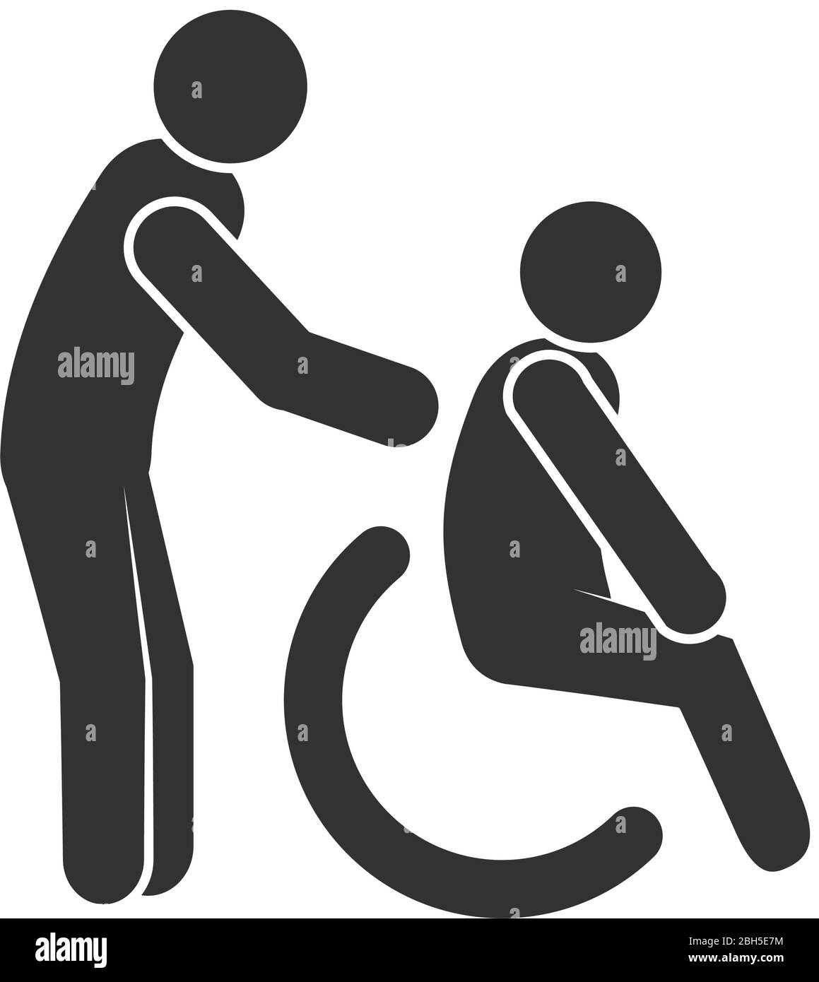 coronavirus e concetto di salute, l'uomo che aiuta una persona su sedia a rotelle su sfondo bianco, stile silhouette, illustrazione vettoriale Illustrazione Vettoriale