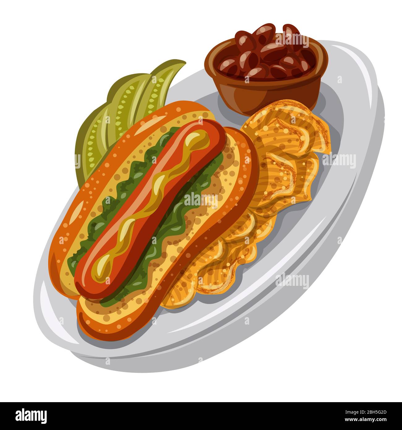 Hot Dog con patatine e Pickle e fagioli Illustrazione Vettoriale