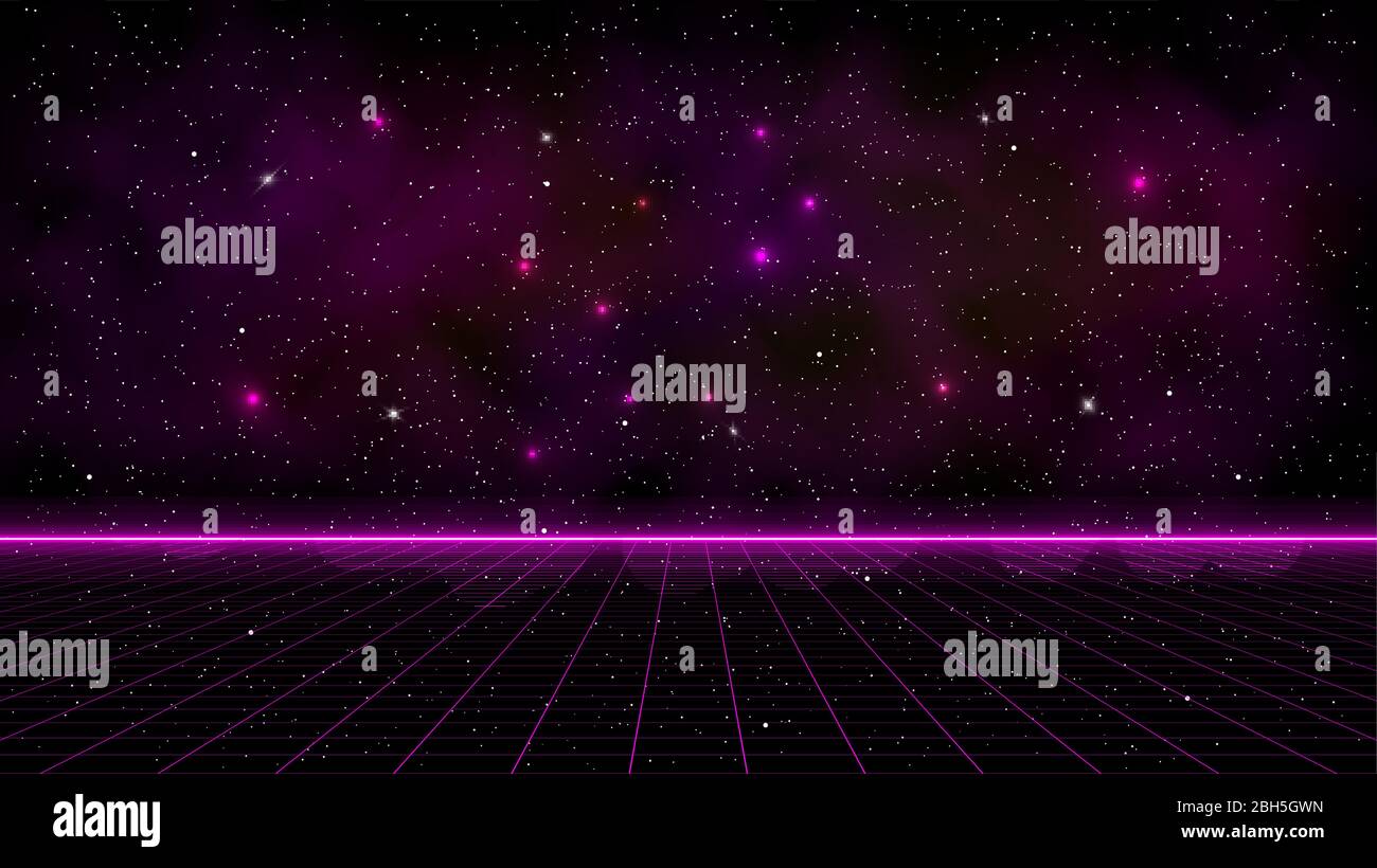 Griglia di prospettiva laser rosa a onde corte con linea dell'orizzonte luminosa e nebulosa spaziale su sfondo stellato. Illustrazione retrofuturistica del panorama informatico in Illustrazione Vettoriale