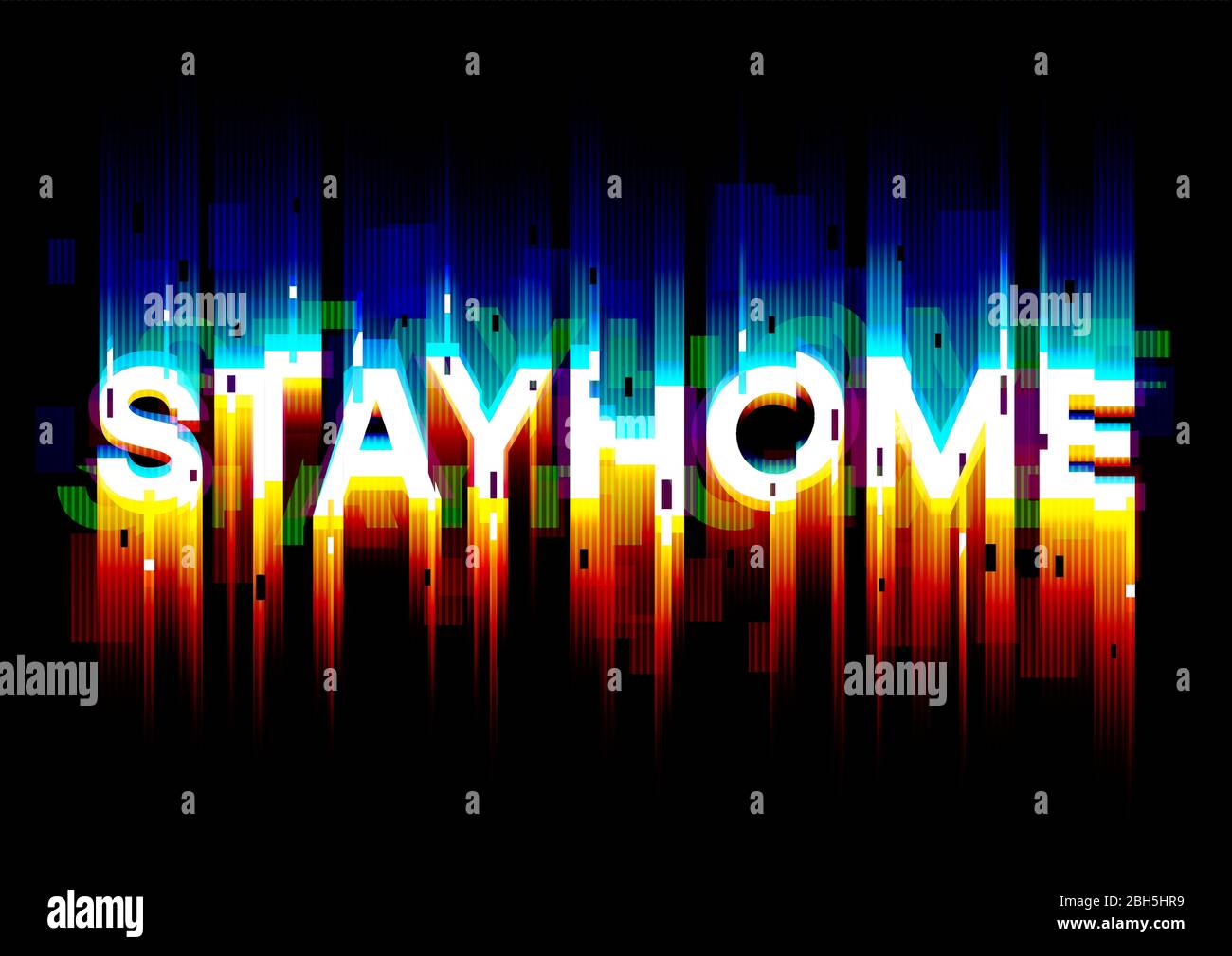 Rimani a casa - glitch testo per i tempi di auto-quarantena. Design per banner, poster, copertina. EPS 10. Illustrazione Vettoriale