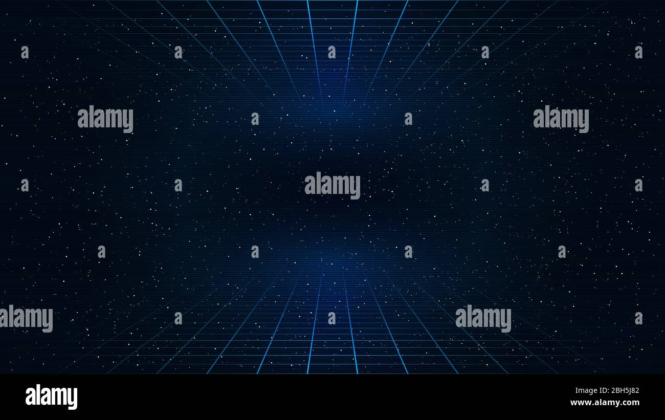 Retroconda blu semitransgriglie prospettiche laser sulla parte superiore e inferiore su sfondo stellato. Illustrazione retrofuturistica del panorama informatico. Illustrazione Vettoriale