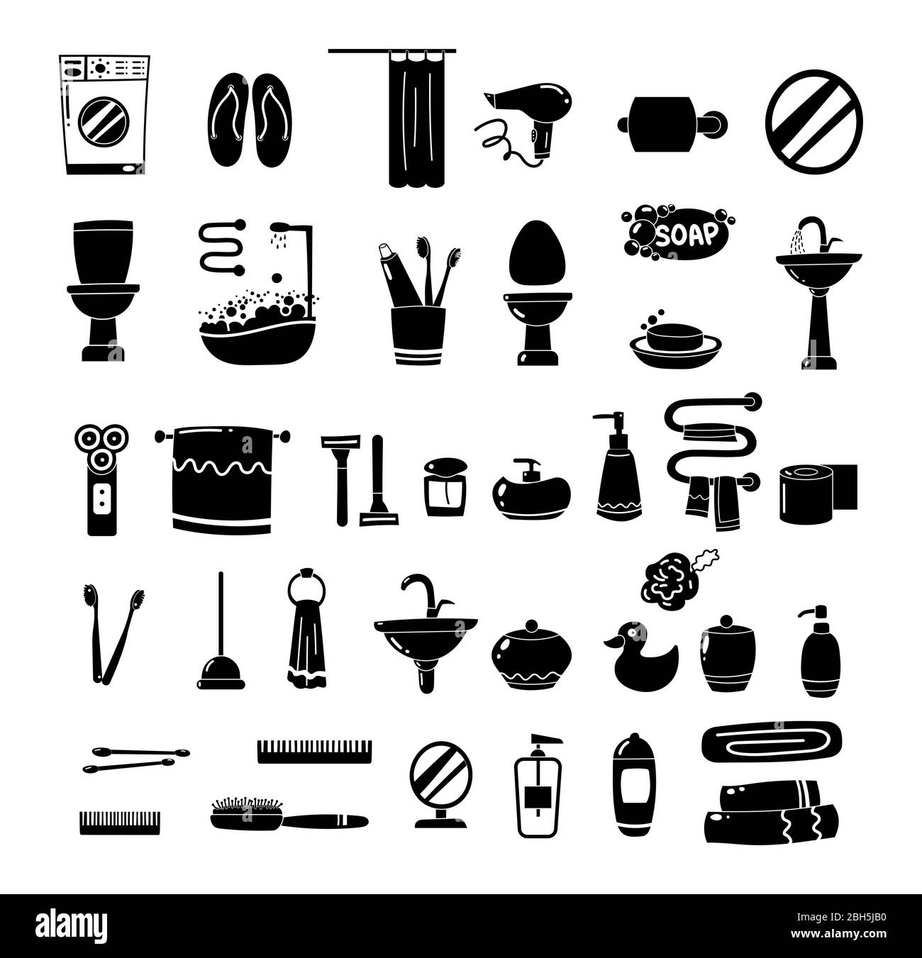 Accessori bagno icone bianche e nere. Illustrazione vettoriale su sfondo bianco Illustrazione Vettoriale