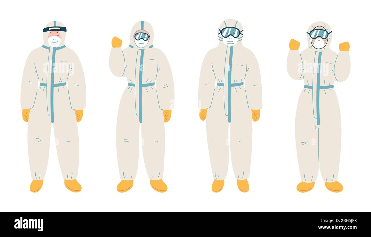 Uomo in tuta protettiva bianca. Protezione da contaminazione biologica. Illustrazione Vettoriale