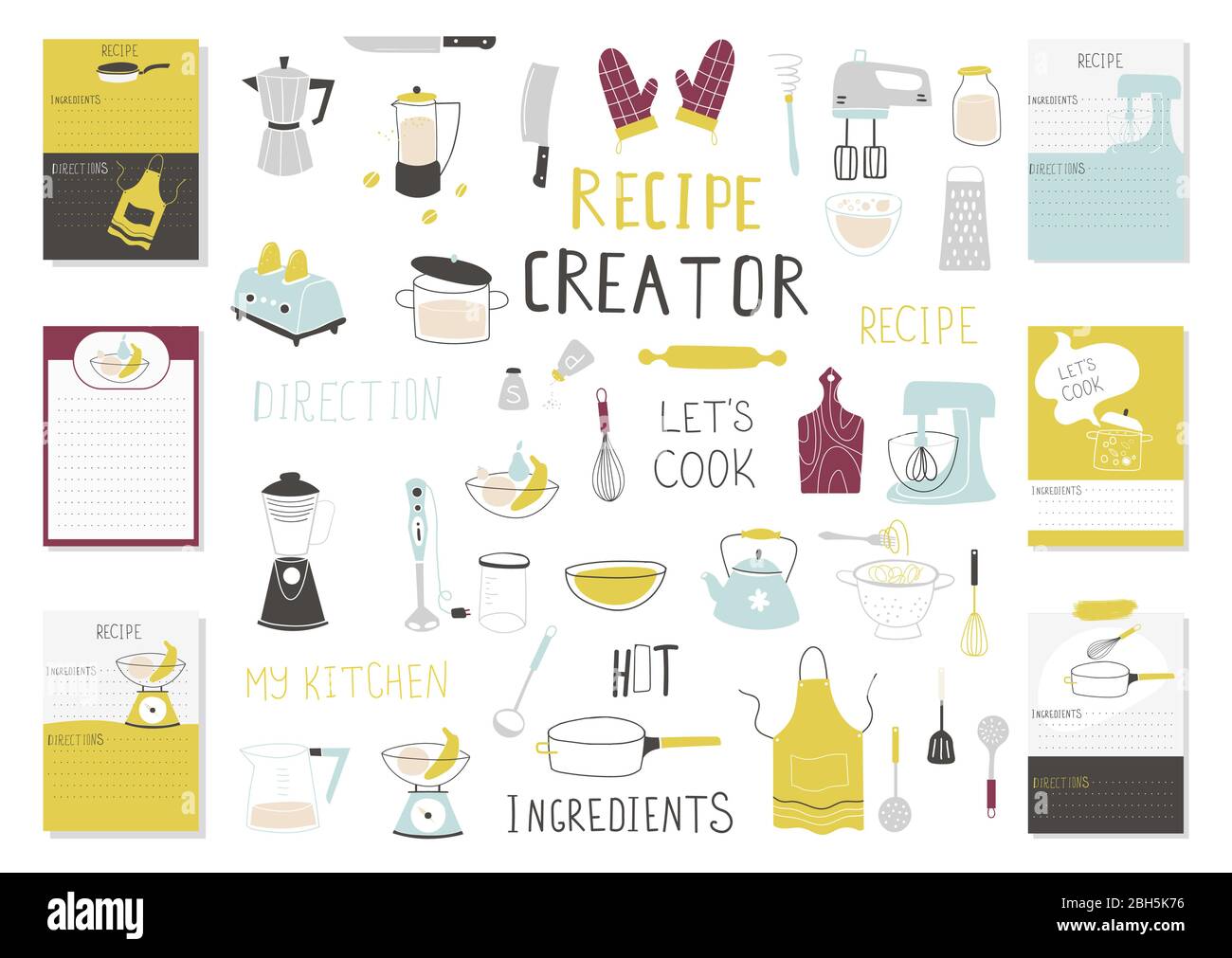 Set di modelli per creator di ricette grandi per il libro di cucina. Illustrazione del vettore di creazione menu Illustrazione Vettoriale