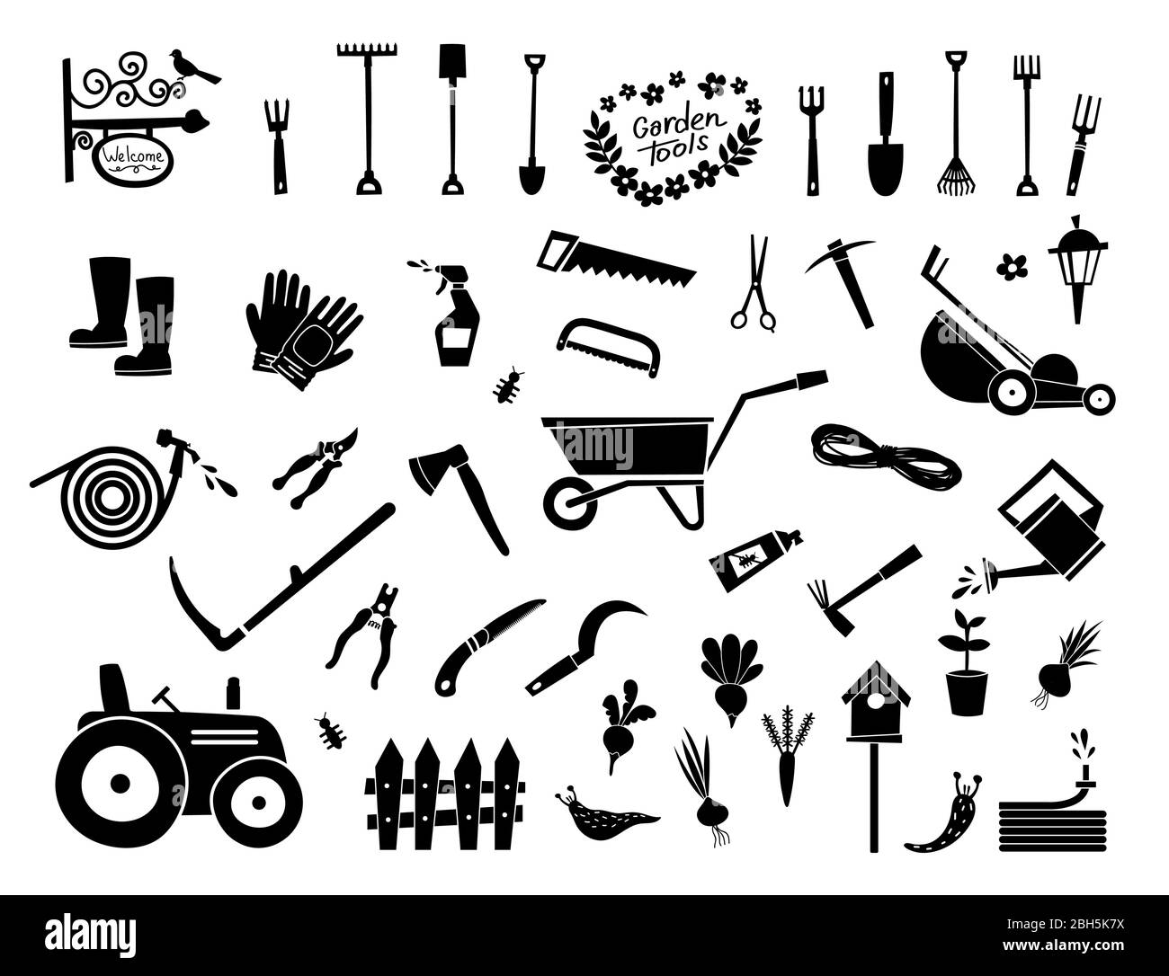Grande giardinaggio icone set e elementi di design. Collezione di attrezzi da giardino e decorazioni, vettore isolato su sfondo bianco. Illustrazione Vettoriale